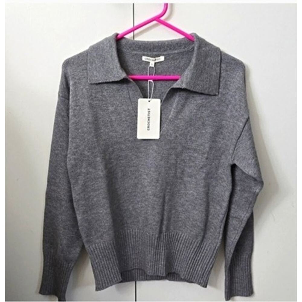 CROCHETIST Super Soft Women's Gray Pullover Sweater Polo V Neck - Size M Medium